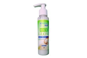 Bottle of Rice Glow face wash with pump dispenser on a white background