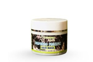 Jar of hair mask with label on a white background
