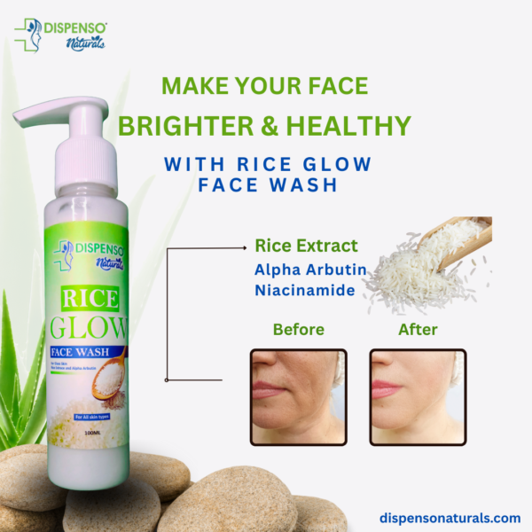 Bottle of Rice Glow face wash with pump dispenser on a white background