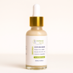 Skincare serum bottle with dropper on a light beige background