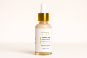 Skincare serum bottle with dropper on a light beige background