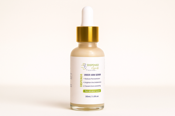 Skincare serum bottle with dropper on a light beige background