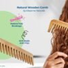Wooden comb being used on hair with promotional text and graphics about its benefits.