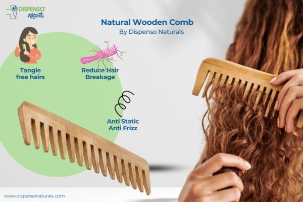 Wooden comb being used on hair with promotional text and graphics about its benefits.