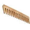Wooden comb being used on hair with promotional text and graphics about its benefits.