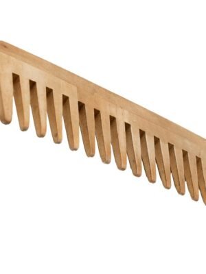 Wooden comb being used on hair with promotional text and graphics about its benefits.
