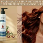 Woman with healthy long hair using Dispenso organic shampoo, the best hair care solution for hard water in Pakistan.