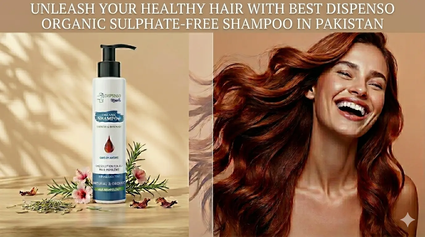 Woman with healthy long hair using Dispenso organic shampoo, the best hair care solution for hard water in Pakistan.
