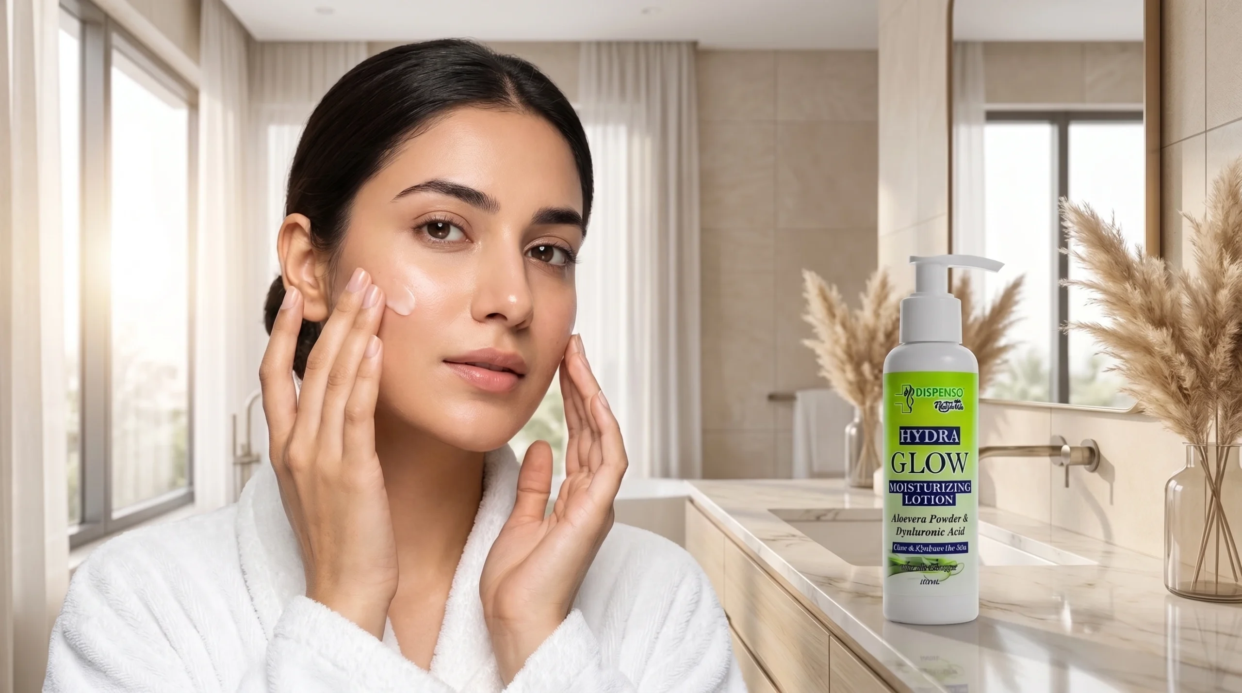 Pakistani woman applying moisturizer to her face after cleansing