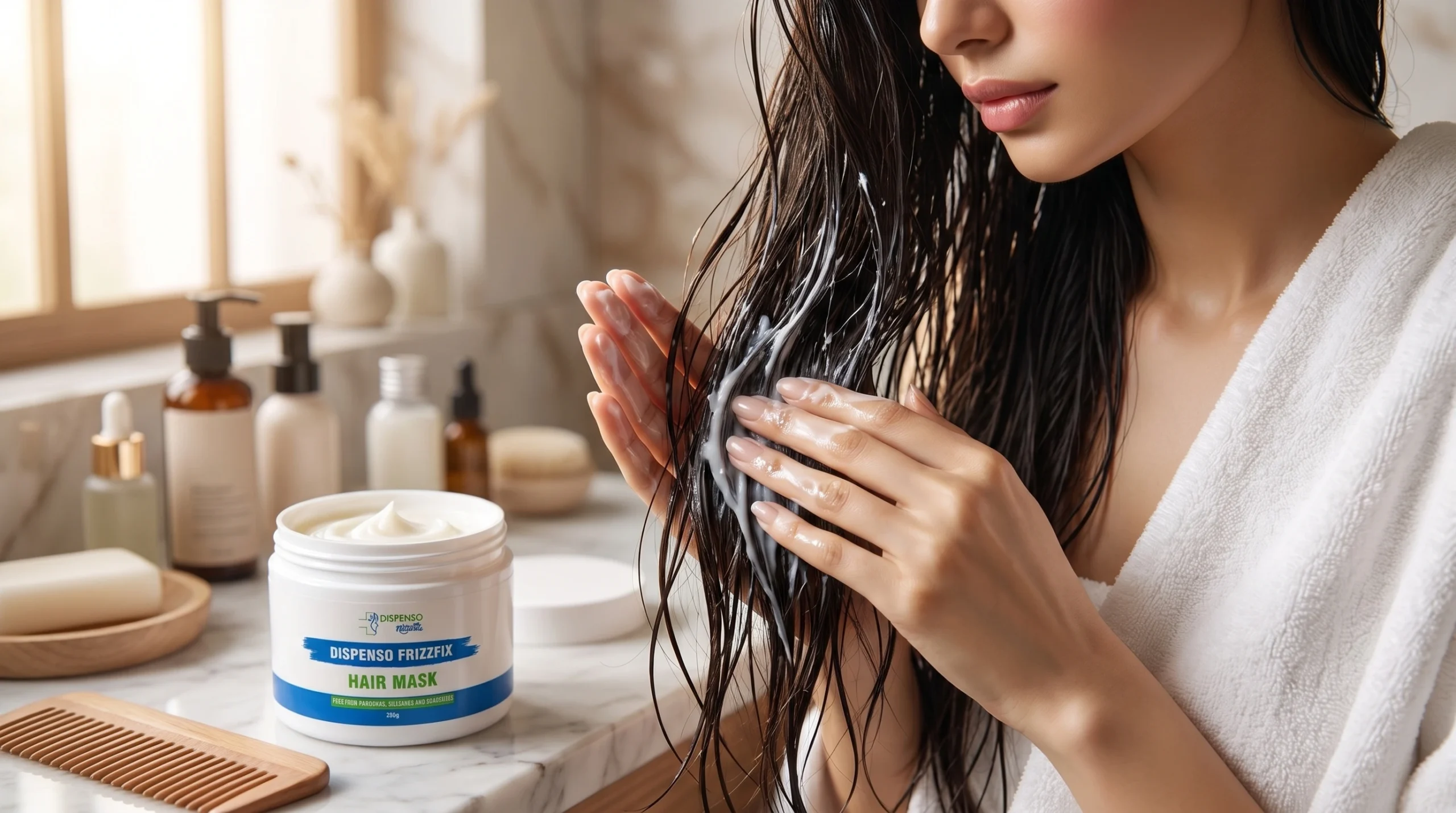 Woman applying hair mask to damp hair