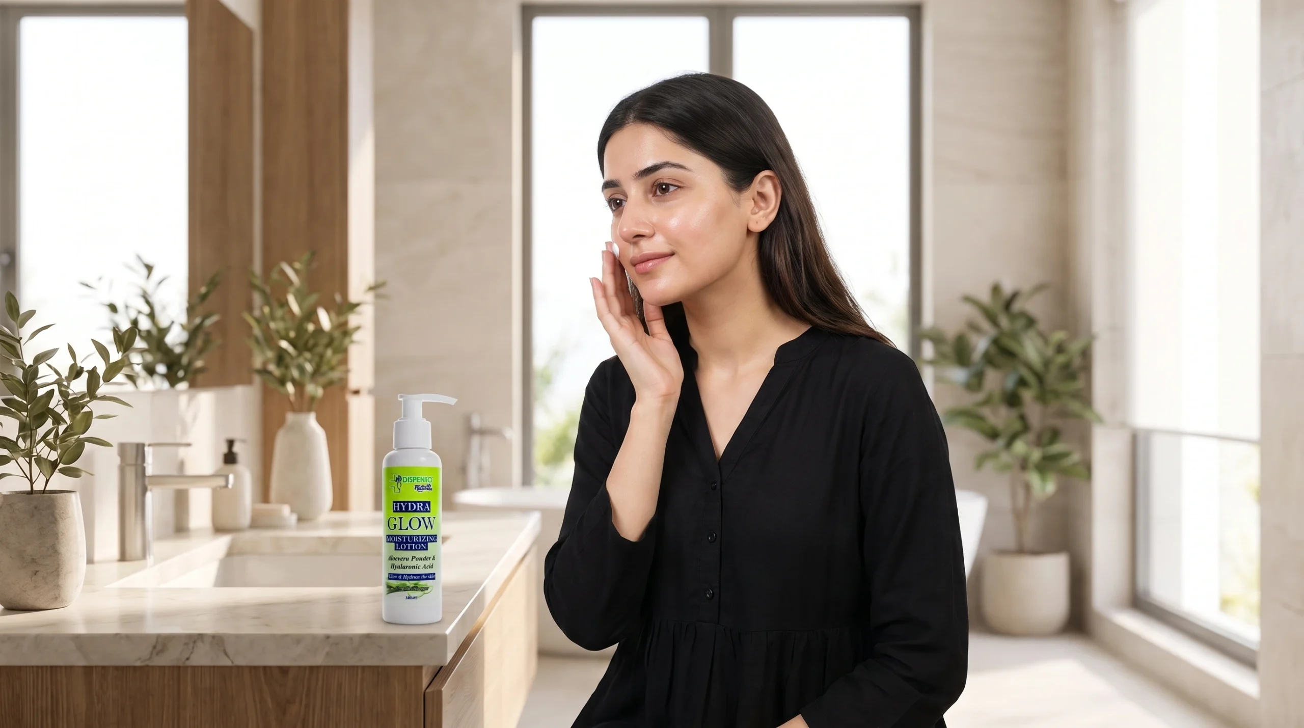 Pakistani woman applying Dispenso Naturals Hydra Glow Moisturizer to her face