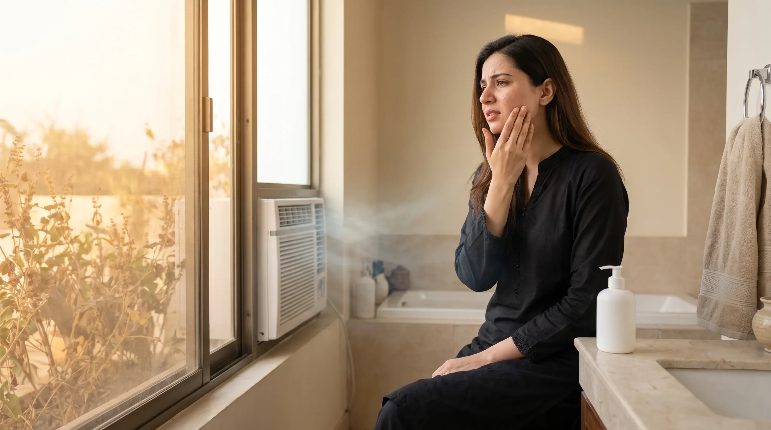 Pakistani woman experiencing dry skin in changing weather conditions